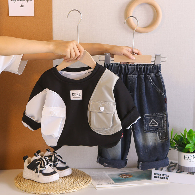 Boys' Outfit Children's Two-Color Pocket Sweatshirt 2026 New Style 1 to 3 Years Old Baby Spring and Autumn Two-Piece Set for Boys
