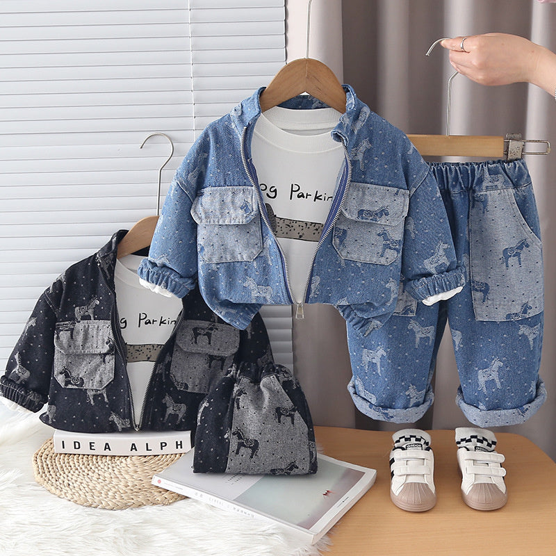 Boys' Outfit 2026 New Fashionable Children's Full-Print Pony Denim Three-Piece Set for Baby Spring and Autumn Casual Wear