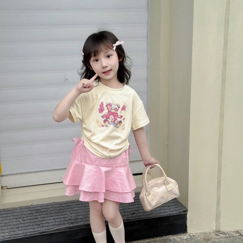cute girls' t-shirt set, new summer drawstring top, Korean-style sweet and spicy two-piece skirt set