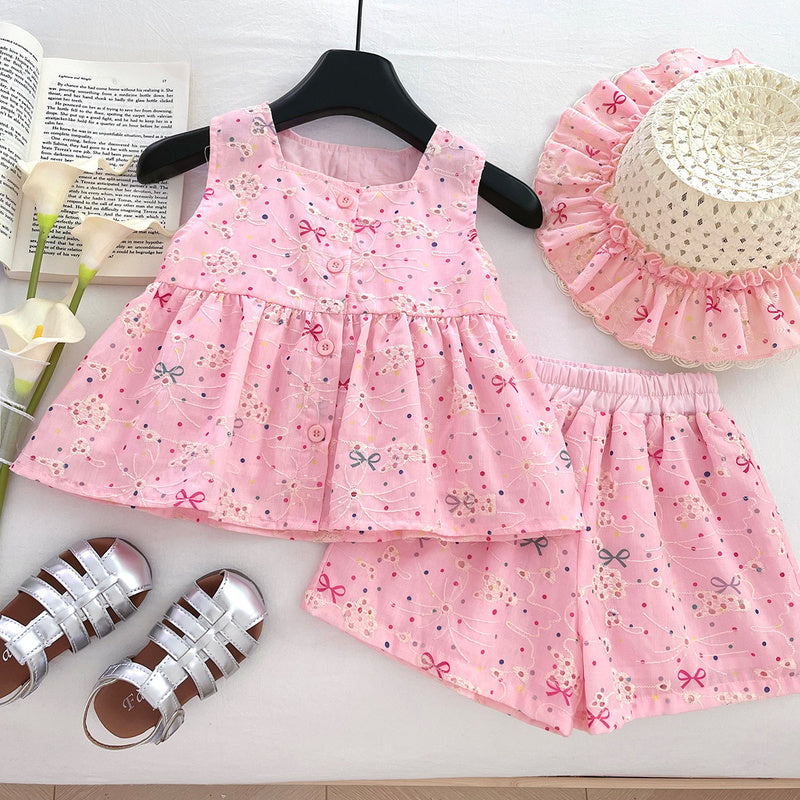 2026 Spring/Summer New Girls' Outfit Cute Bow Embroidered Sleeveless Top and Shorts Two-Piece Set with Hat