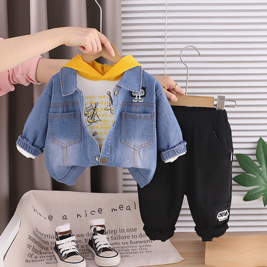 Boys' Outfit 2026 New Korean Style Fashionable Baby Spring and Autumn Long Sleeve Cat Denim Three-Piece Set