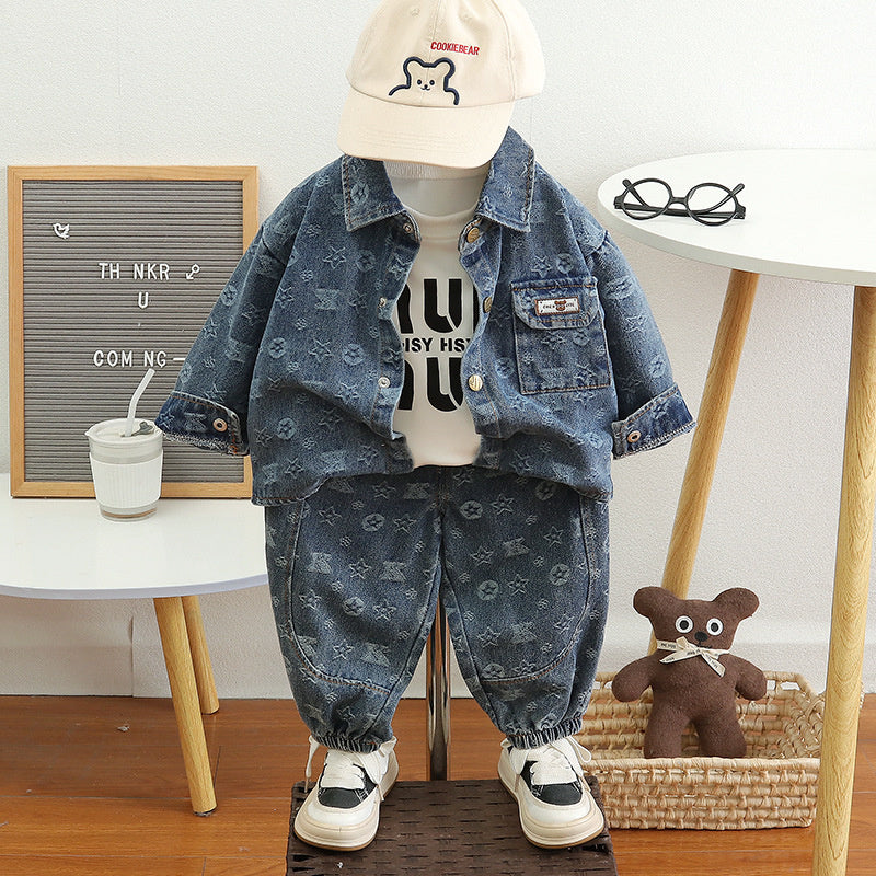 Boys' Outfit 2026 New Spring and Autumn Baby Single-Pocket Denim Jacket Children's Casual Three-Piece Set