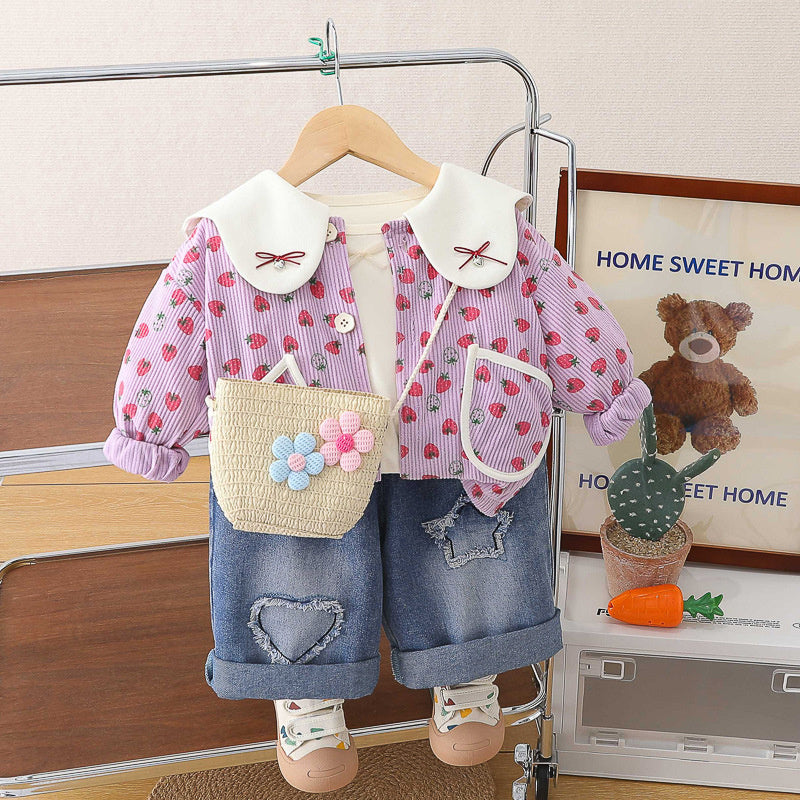 Girls' Spring Outfit Fashionable Stylish Children's Girl Clothes 1-3 Years Old Baby Strawberry Doll Collar Three-Piece Set Trendy