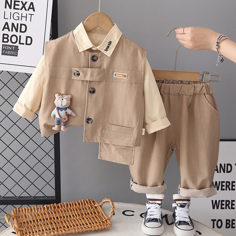 Boys' Stylish Fashion 2026 New Spring and Autumn Long-Sleeve Bear Vest Three-Piece Set for Children Casual Trendy Outfit