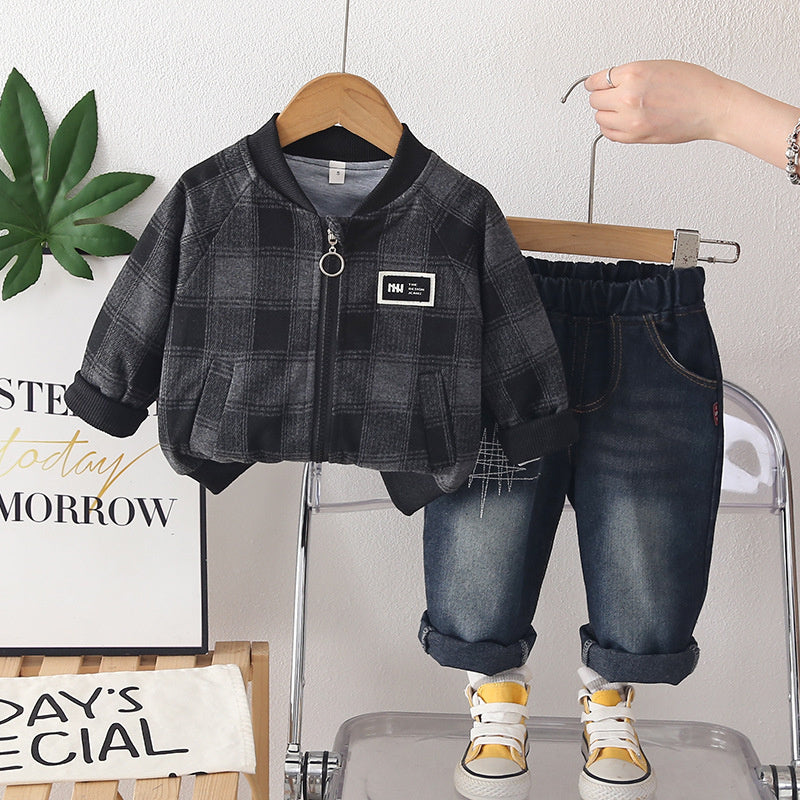 Boys' Outfit 2026 New Style Baby Boy Spring and Autumn Plaid Stand Collar Jacket Two-Piece Set Trendy