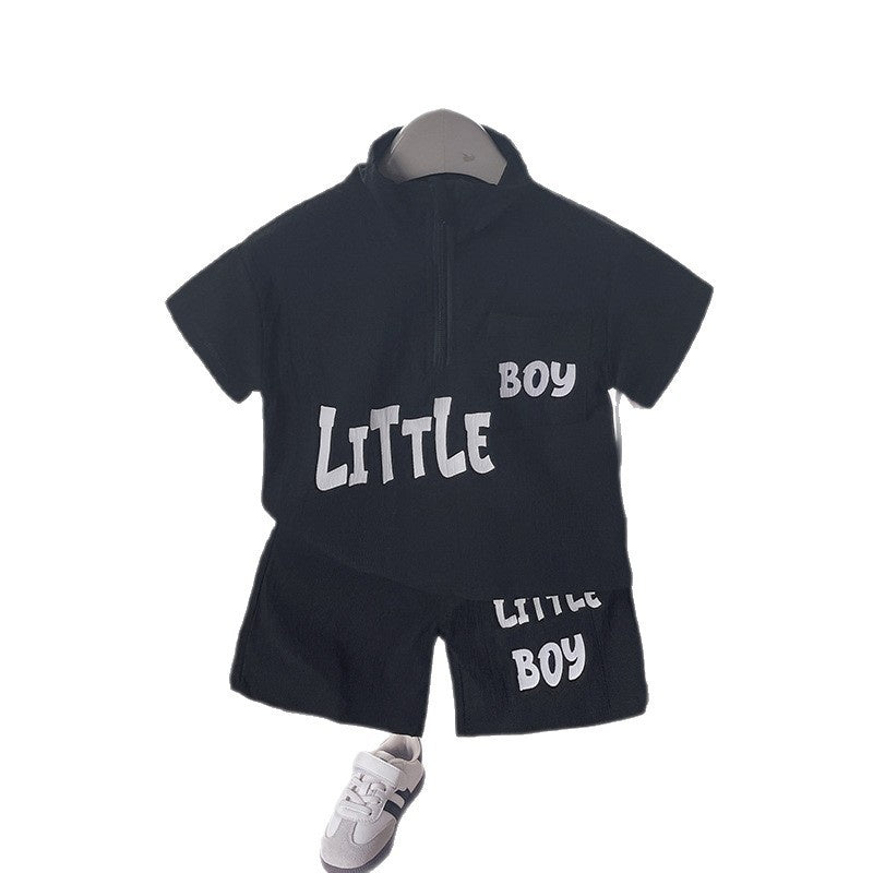 Summer boys' outfit stylish toddler letter print half-zip short-sleeve suit casual fashion sporty children's clothing trendy