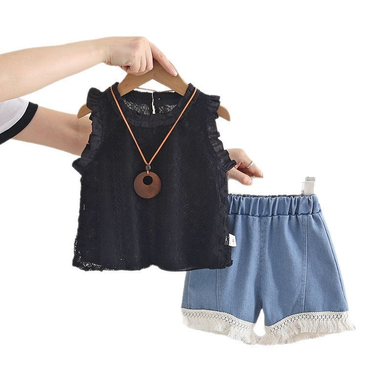 Girls' Summer Jacquard Vest 2026 New Fashionable Children's Baby Girl Lace Shorts Two-Piece Set Trendy