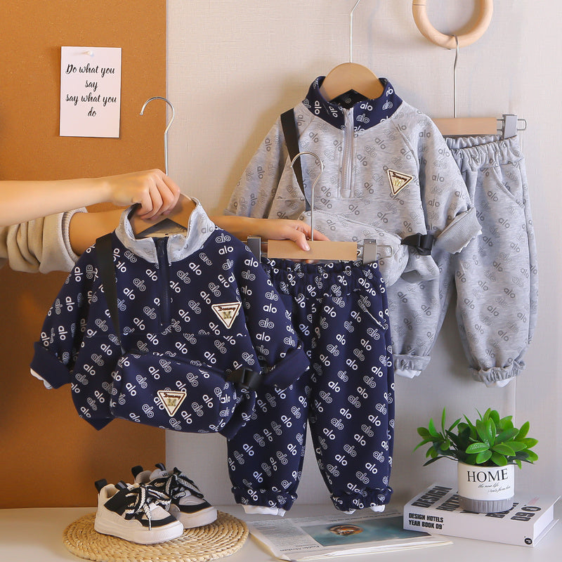 Boys' Outfit 2026 New Children's and Autumn Long-Sleeve Half-Zip Two-Piece Set Baby Spring Clothes Trendy