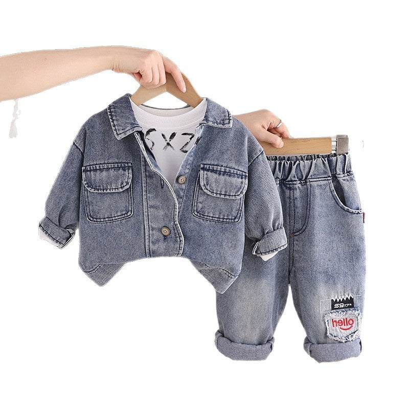 Baby Denim Double Pocket Three-Piece Set Korean Style Infant Stylish Boys Autumn Outfit Toddler 0-1-2-3 Years Old