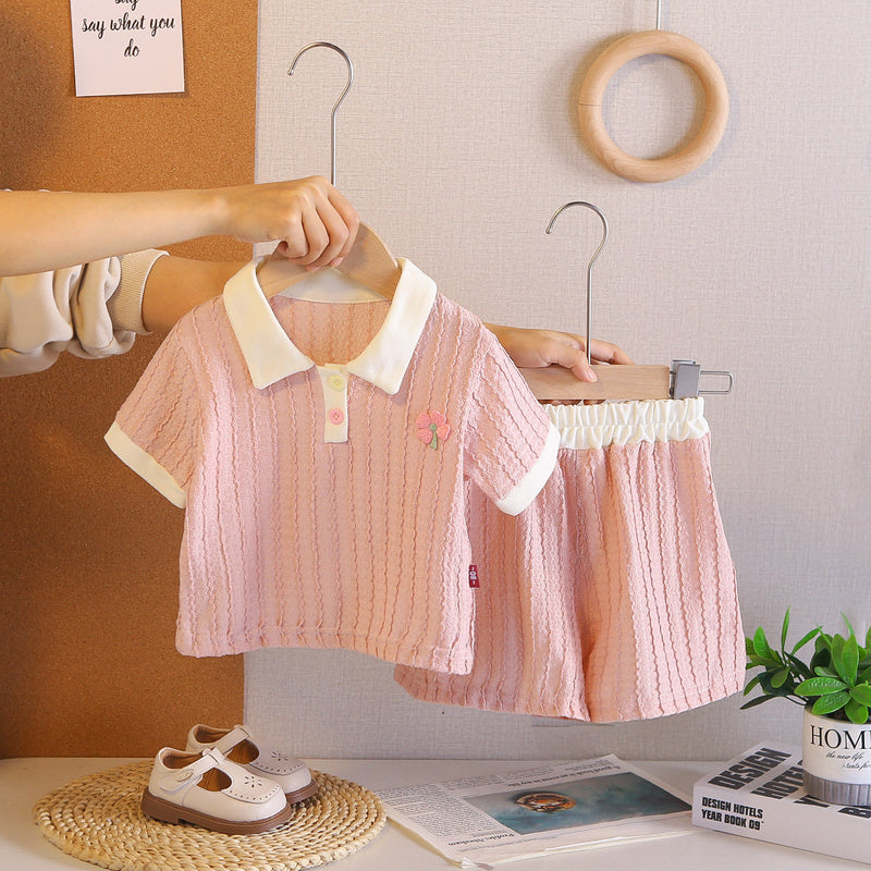 Girls' stylish solid color jacquard suit, summer wear 2026 new model, fashionable casual two-piece set for baby girls