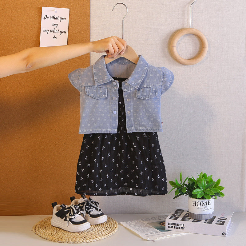 Girls' outfit 2026 new stylish children's short-sleeve bow denim two-piece set baby clothes for summer