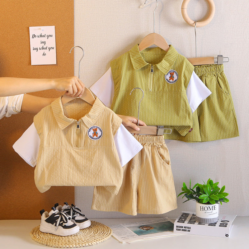 Boys' stylish children's clothes for boys, toddler clothing, baby summer outfit, 3-year-old vertical stripe half-zip short-sleeve set, trendy