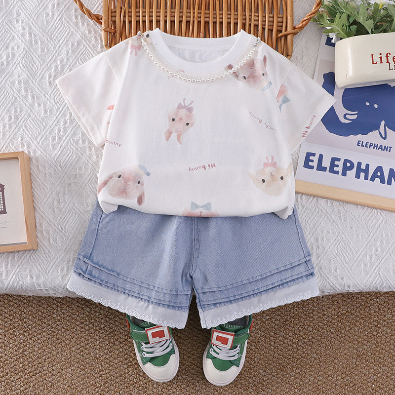 Baby Girl Outfit 2026 New Children's Clothing Thin Full-Print Bunny Short Sleeve Shorts Girls' Summer Wear