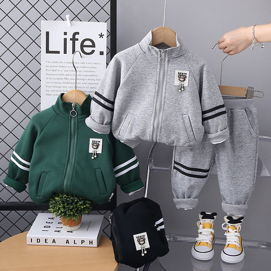 2024 Zipper Bear Logo Solid Color Clothing Boys and Girls Long Sleeve Two-Piece Children's Autumn Outfit Set