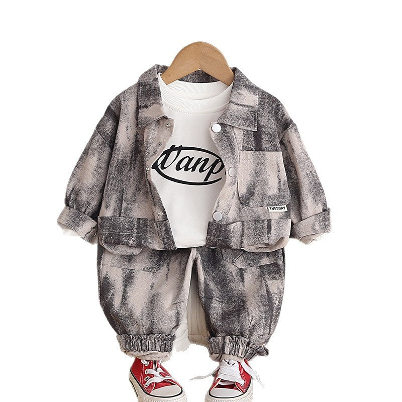 Stylish Boys' and Autumn Outfit 2026 Spring New Long-Sleeve Sports Tie-Dye Pocket Three-Piece Set for Babies