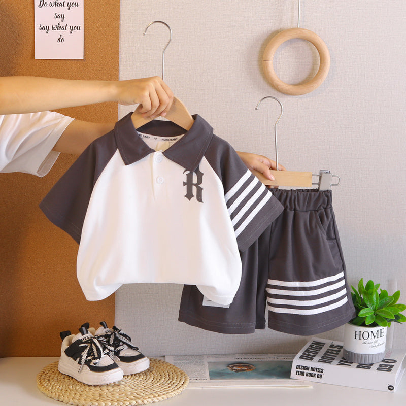 Boys' Outfit 2026 New Style Children's Summer Striped Letter Print Short Sleeve Stylish Two-Piece Set for Kids