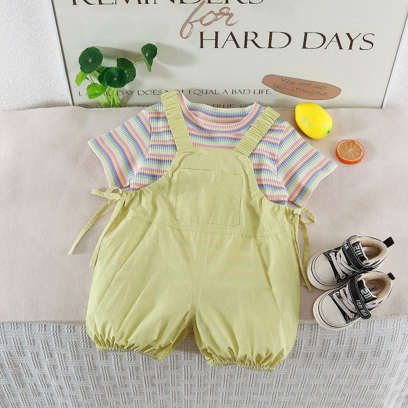 Girls' Outfit 2026 New Children's Short-Sleeve Rainbow Striped Pom-Pom Overalls Two-Piece Set for Baby Summer