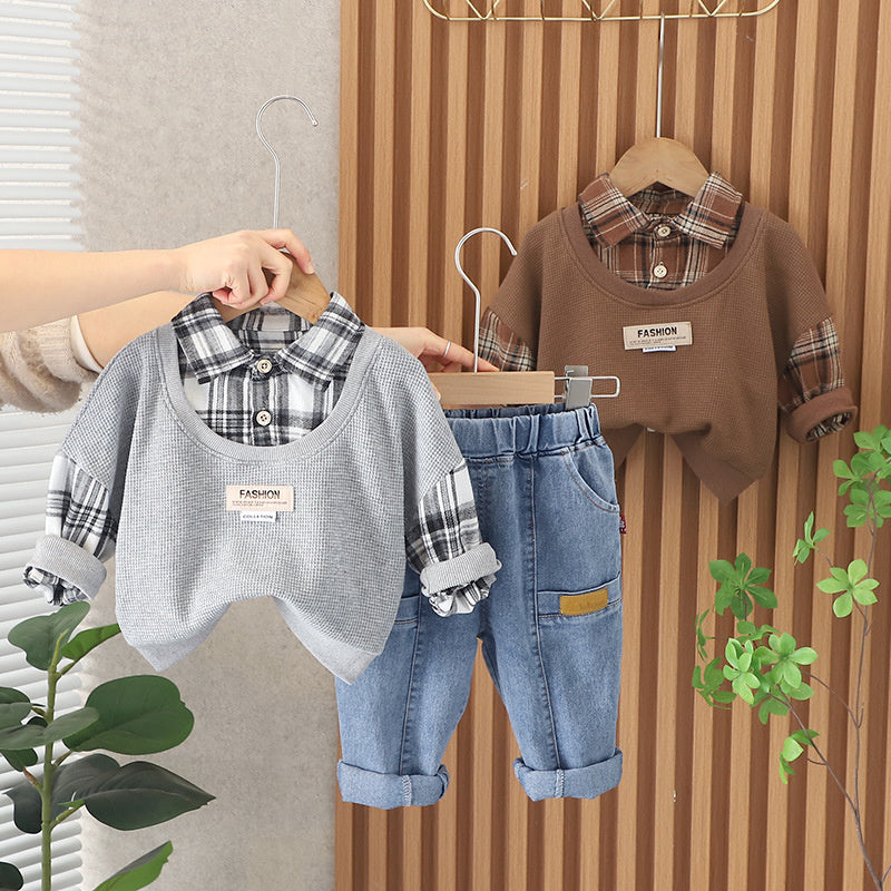 Suit 2025 Autumn Children's Plaid Fake Two-Piece Set Long Sleeve Spring New Boys' Baby One-Piece Dropshipping