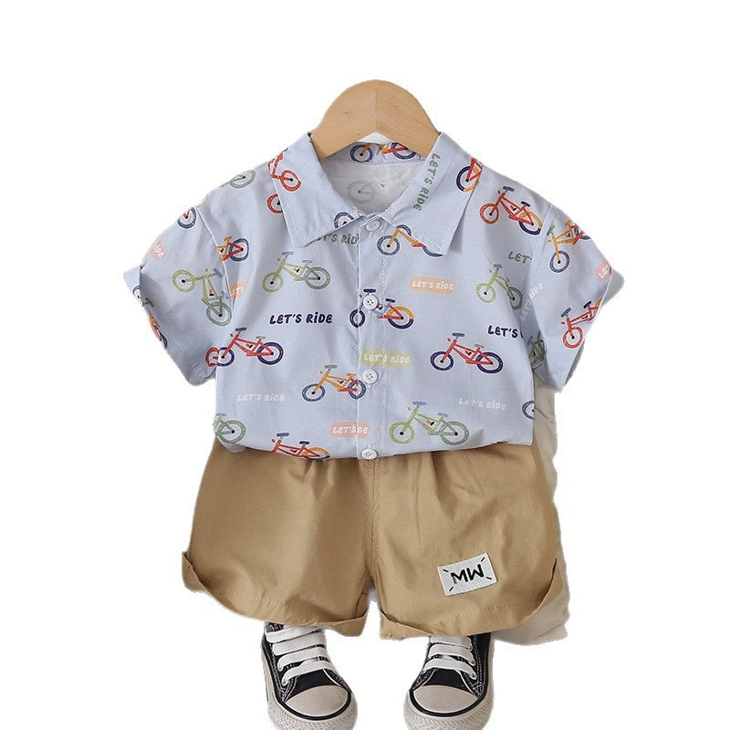 Boys' Outfit 2026 New Children's Cartoon Bicycle Shirt Short Sleeve Baby Summer Casual Two-Piece Set