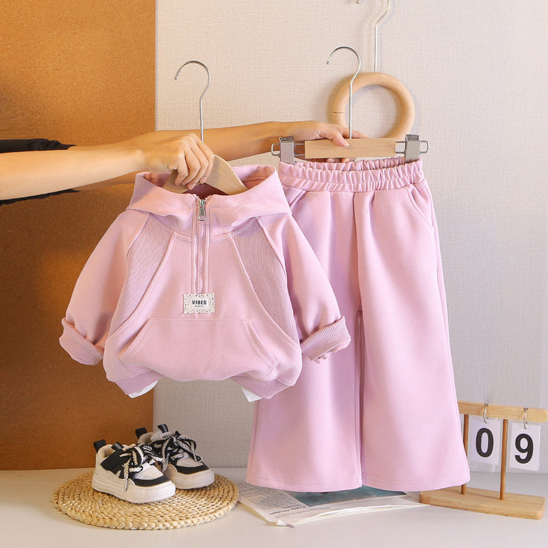 Girls' half-zip hoodie sweatshirt set, stylish new 2026 baby clothing, children's spring and autumn two-piece trendy outfit
