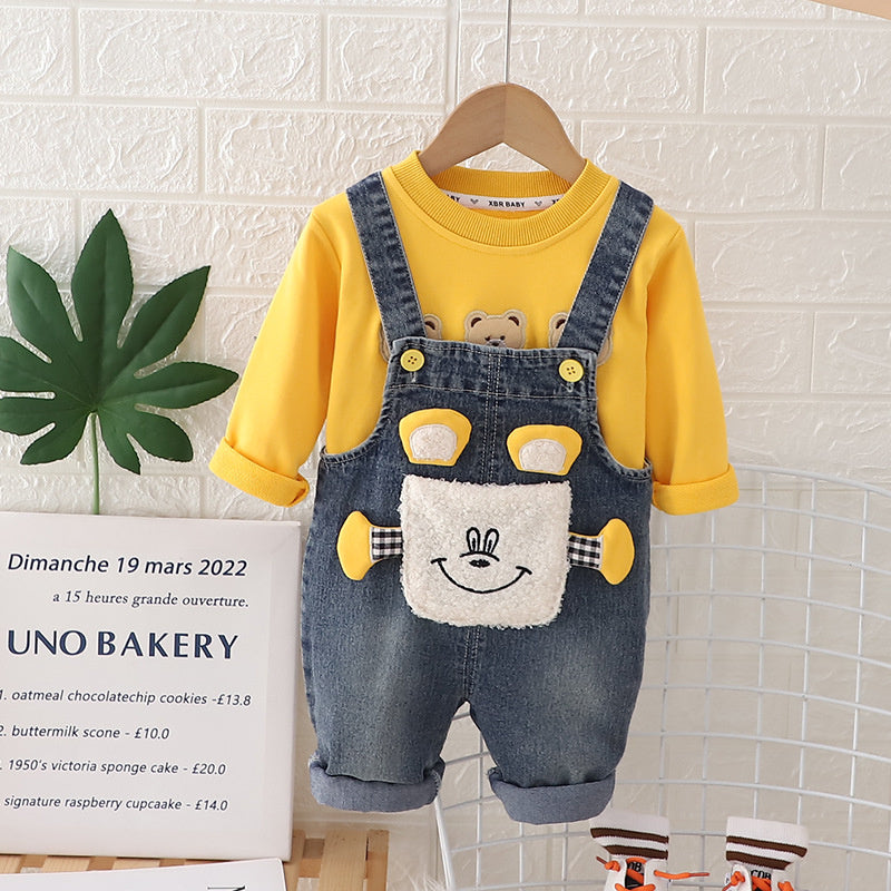 Children's Clothing Boys' Spring 2024 New Fashionable Cartoon Sweatshirt with Straps Two-Piece Set for Boys
