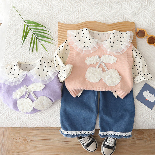 Girls' Outfit 2026 New Fashionable Children's Big Cherry Sweater Three-Piece Set Baby Spring and Autumn Clothes