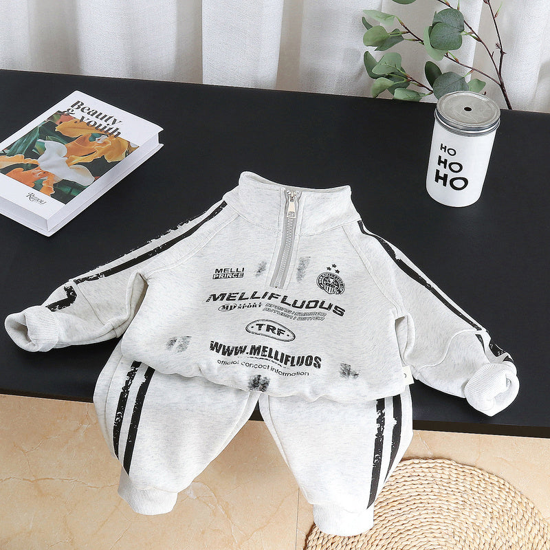 Boys' Outfit, Stylish New 2026 Baby Half-Zip Sweatshirt Two-Piece Set, Cool Long-Sleeve Spring and Autumn Clothing