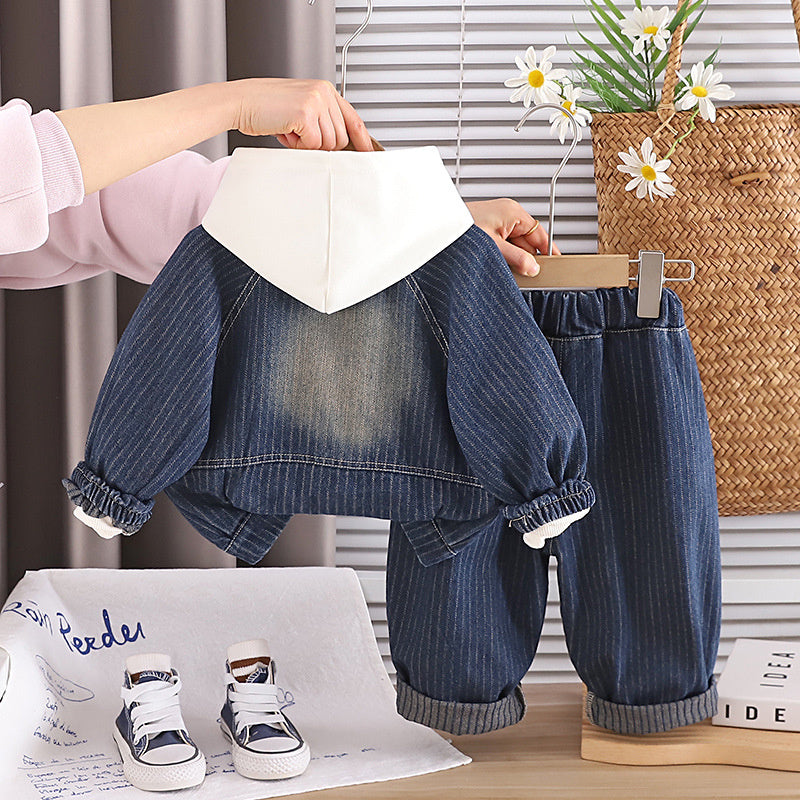 Boys' Outfit 2026 New Baby Clothes Infant Children's Spring and Autumn Smiley Face Hoodie Denim Three-Piece Set