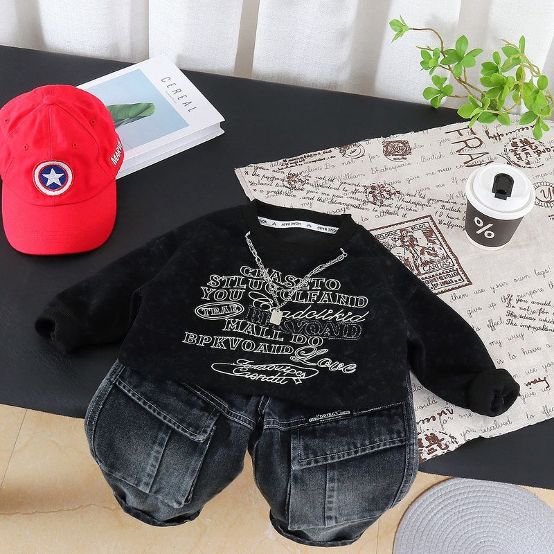 Boys' Spring Autumn Outfit 2026 New Fashionable Children's with English Print Sweatshirt and Korean Style Long Pants Two-Piece Set