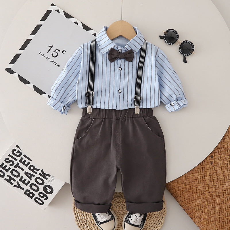 Boys' Autumn Outfit 2026 New Fashionable Baby Spring/Autumn Stylish Vertical Striped Overalls Two-Piece Set Trendy Wholesale