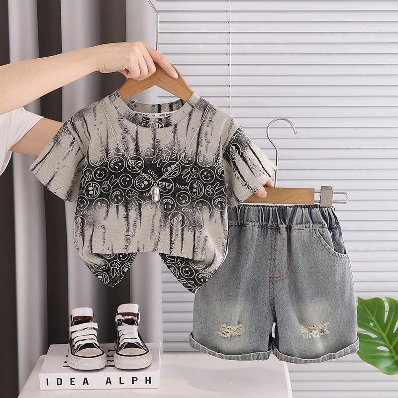 Baby Outfit Set 2026 New Style Boys' Short Sleeve Shorts with Print, Infant Children's Clothing, Stylish Summer Clothes for Little Kids