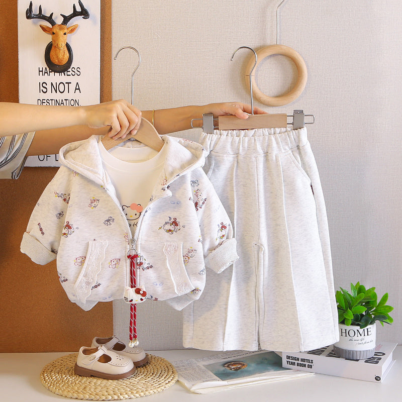 Girls' Spring and Autumn Outfit 2026 New Style for 1-4 Year Olds, Stylish Baby Children's Full-Print Cartoon Hooded Three-Piece Set