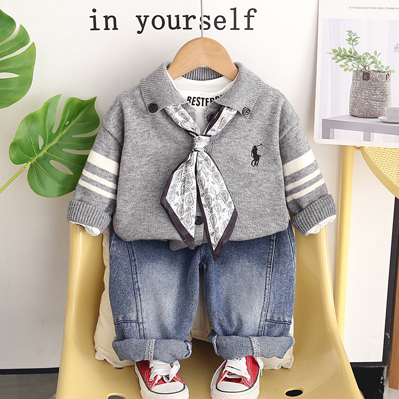 Baby boy outfit stylish clothing spring and autumn handsome infant children's wear silk scarf cardigan sweater three-piece set
