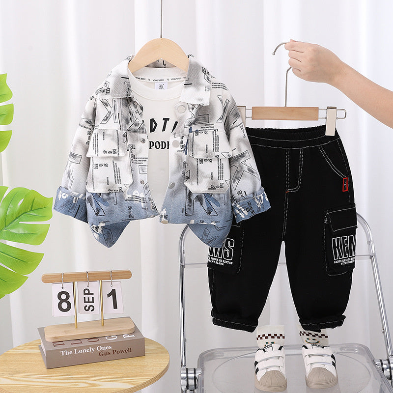 Denim 2025 Autumn Stylish Boys' Long Sleeve Full Printed English Gradient Three-Piece Set Trendy
