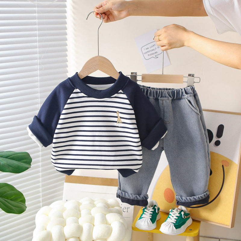 Boys' Fleece Lined Deer Sweatshirt Set 2025 New Trendy Children's Clothing Baby Autumn Winter Outfit