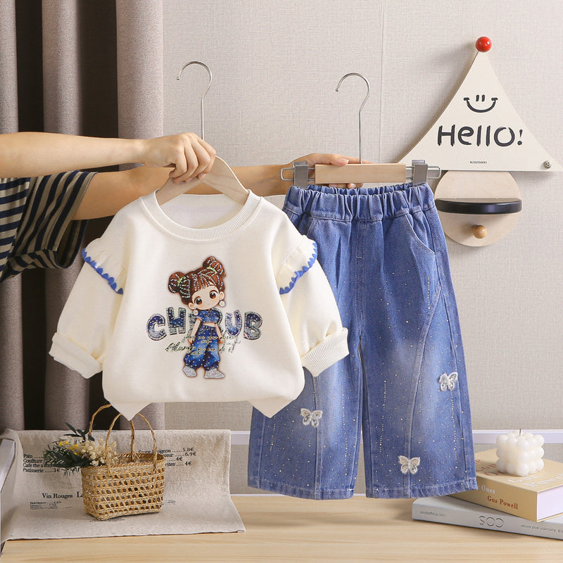 Girls' Fashionable Outfit Children's Korean Style Casual Sweatshirt Two-Piece Set, Baby Girl Cartoon Clothes for Spring and Autumn