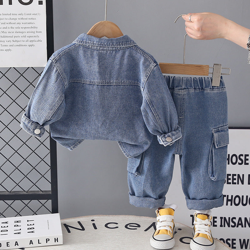 Boys' Baby Letter Embossed Pocket Denim Three-Piece Set 2026 New Stylish Autumn Outfit for Children Wholesale