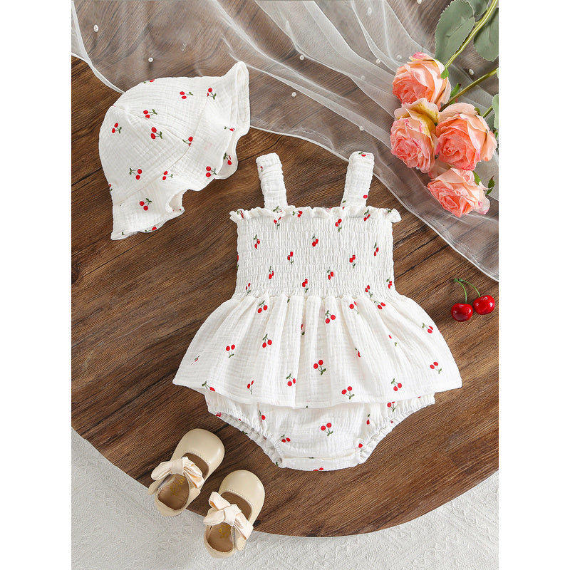Baby Summer Romper Sweet Floral Strap Sleeveless Onesie Cute Triangle Crawling Suit with Hat