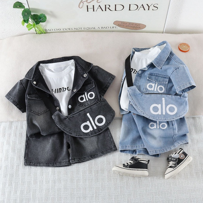 Outfit 2026 New Boys' Clothing Summer Baby Denim Letter Bag Three-Piece Set Short Sleeve Children's Korean Style