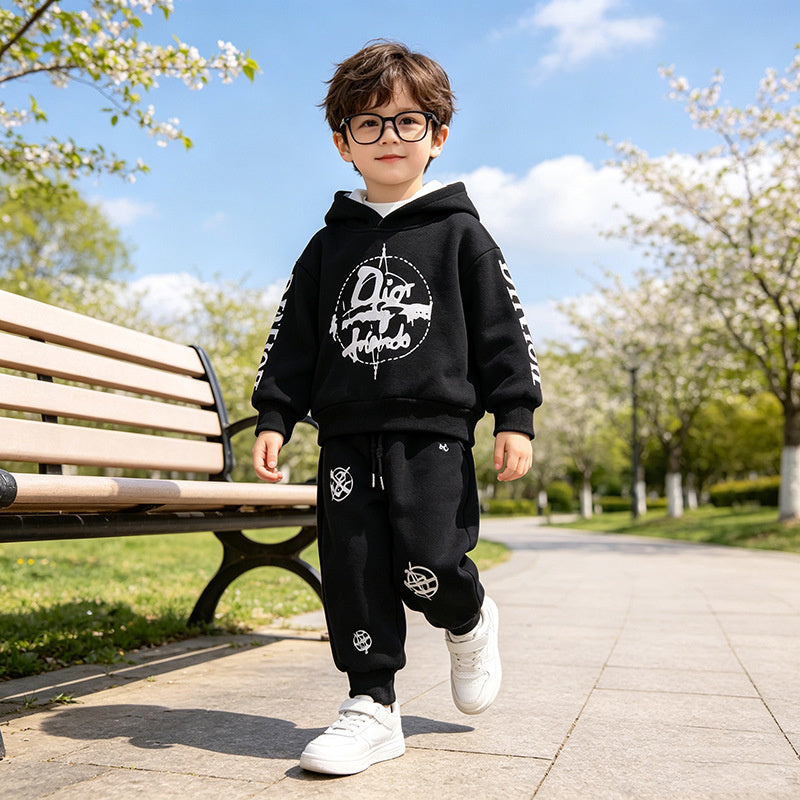 Baby Clothes Autumn and Winter, Korean Style Fleece-Lined Hooded Sweatshirt Two-Piece Set for Boys Aged 1-4 Years, Wholesale Children's Clothing