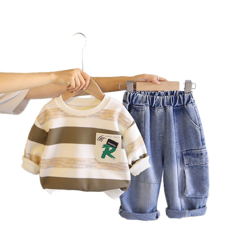 Baby boy striped pocket set, toddler casual round-neck long-sleeve stylish autumn outfit, children's two-piece trendy and cool set