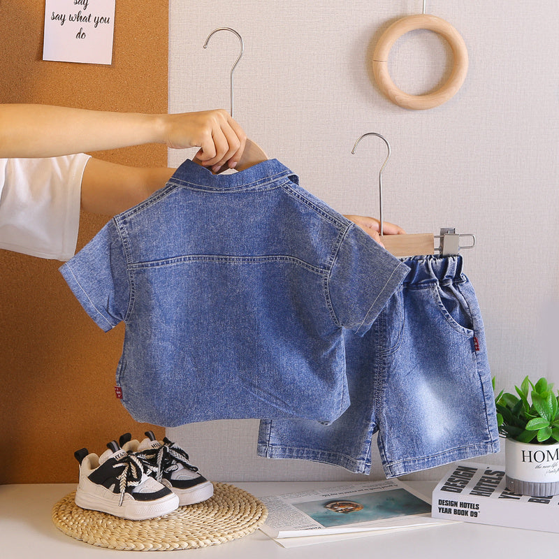 Boys' Outfit 2026 New Stylish Children's Thin Letter Denim Short Sleeve Three-Piece Set Baby Summer Trend