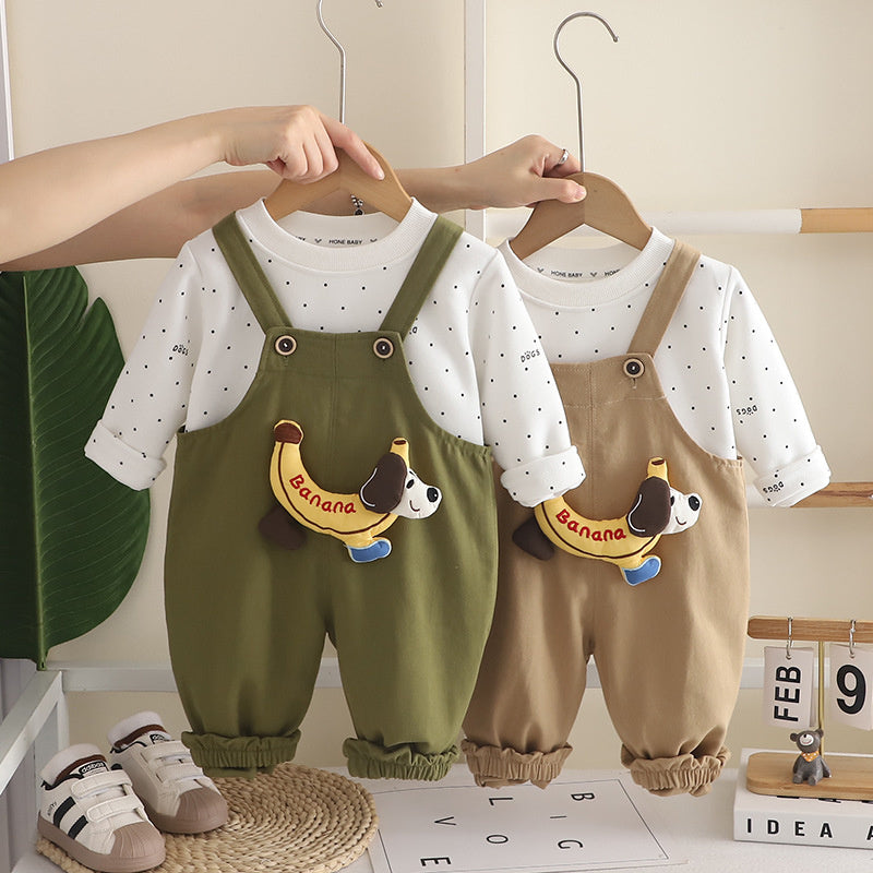Boys' Outfit 2026 Spring and Autumn Clothes Infant Children's Sweatshirt Baby Banana Dog Overalls Two-Piece Trendy Set