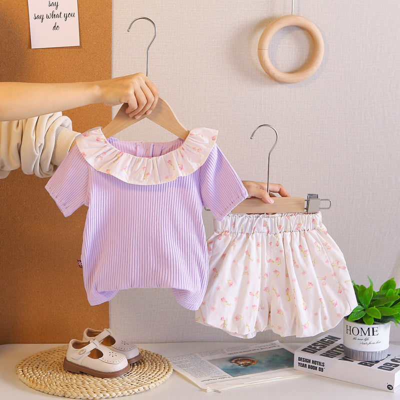 Girls' summer thin outfit, children's clothing in solid color with floral collar, short-sleeved clothes, stylish two-piece set for baby girls