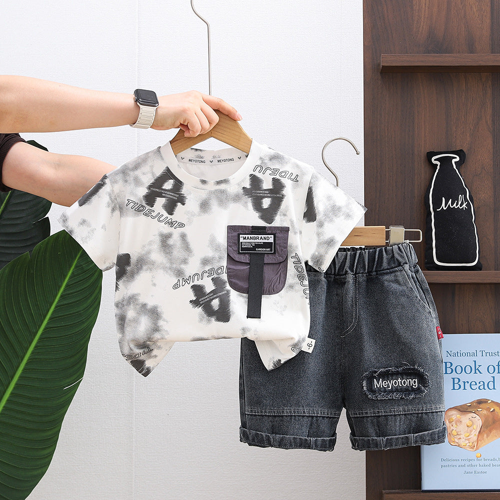 Boys' Outfit 2026 New Style Infant Children's Full-Print Letter Round-Neck Short-Sleeve Two-Piece Set Stylish Baby Summer Wear