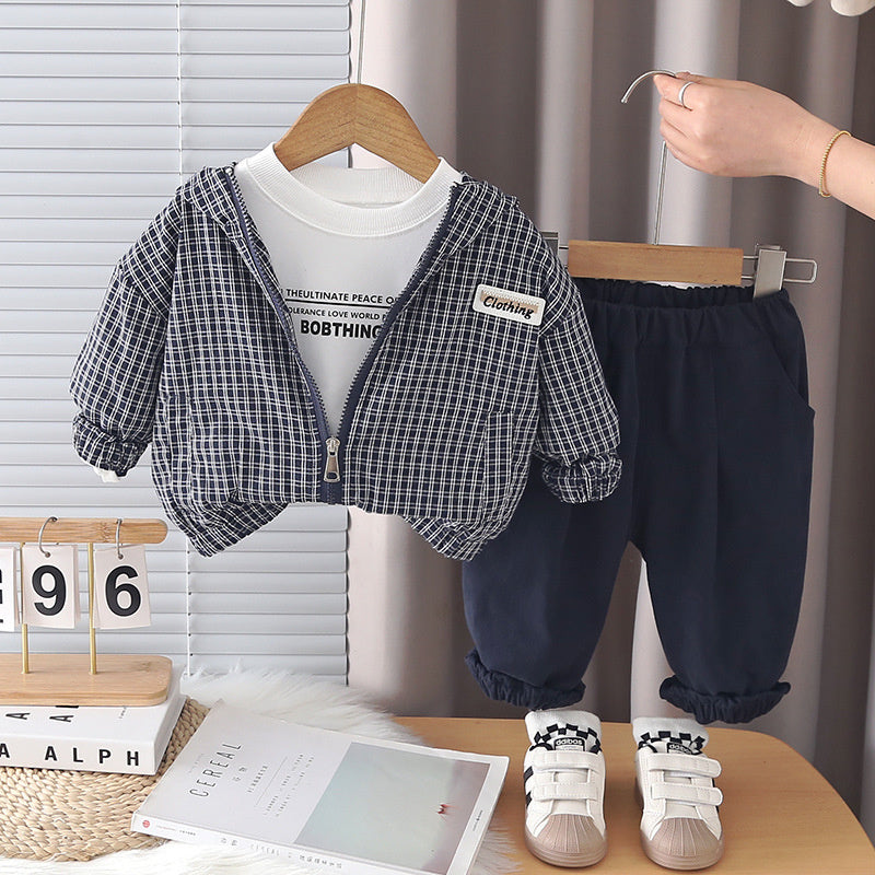 Boys' Spring Outfit 2026 New Fashionable Children's Spring-Autumn Plaid Hooded Jacket Three-Piece Set for Toddlers