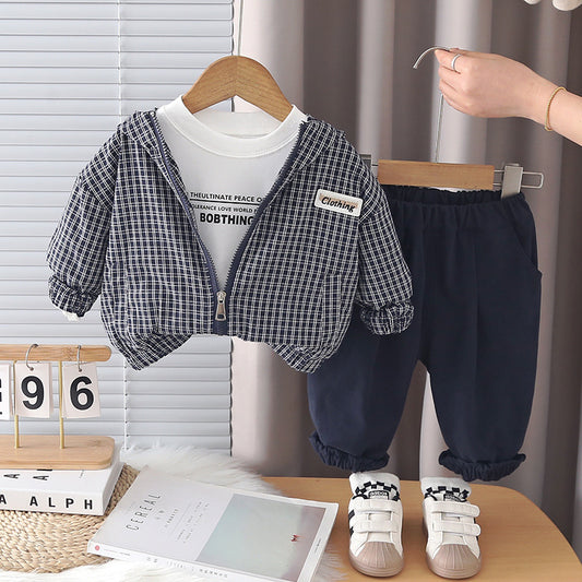 Boys' Spring Outfit 2026 New Fashionable Children's Spring-Autumn Plaid Hooded Jacket Three-Piece Set for Toddlers