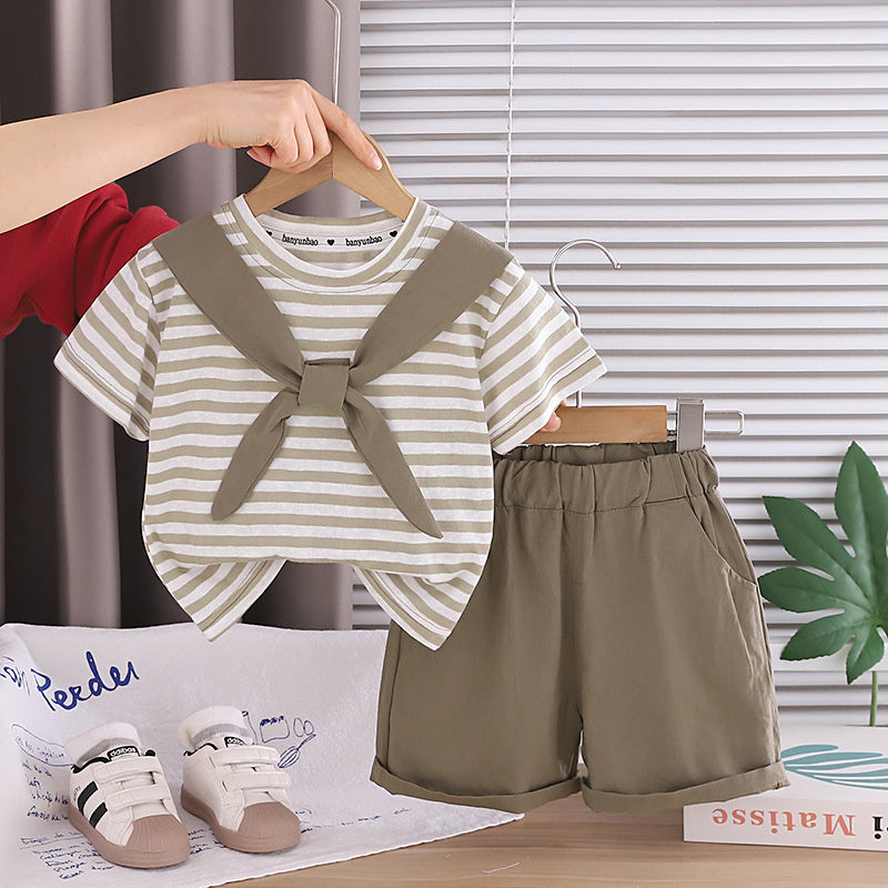 Boys' Outfit 2026 New Fashionable Toddler Summer Round Neck Striped Shawl Short Sleeve Thin Clothing