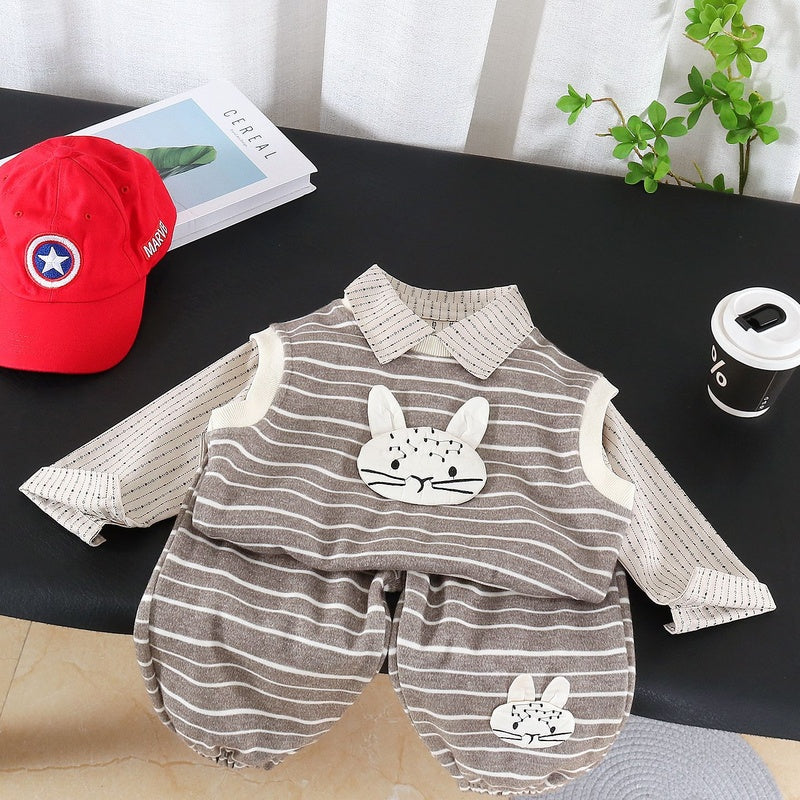 Children's Striped Rabbit Head Vest 2026 New Boys' Spring and Autumn Clothes Baby Three-Piece Set Wholesale
