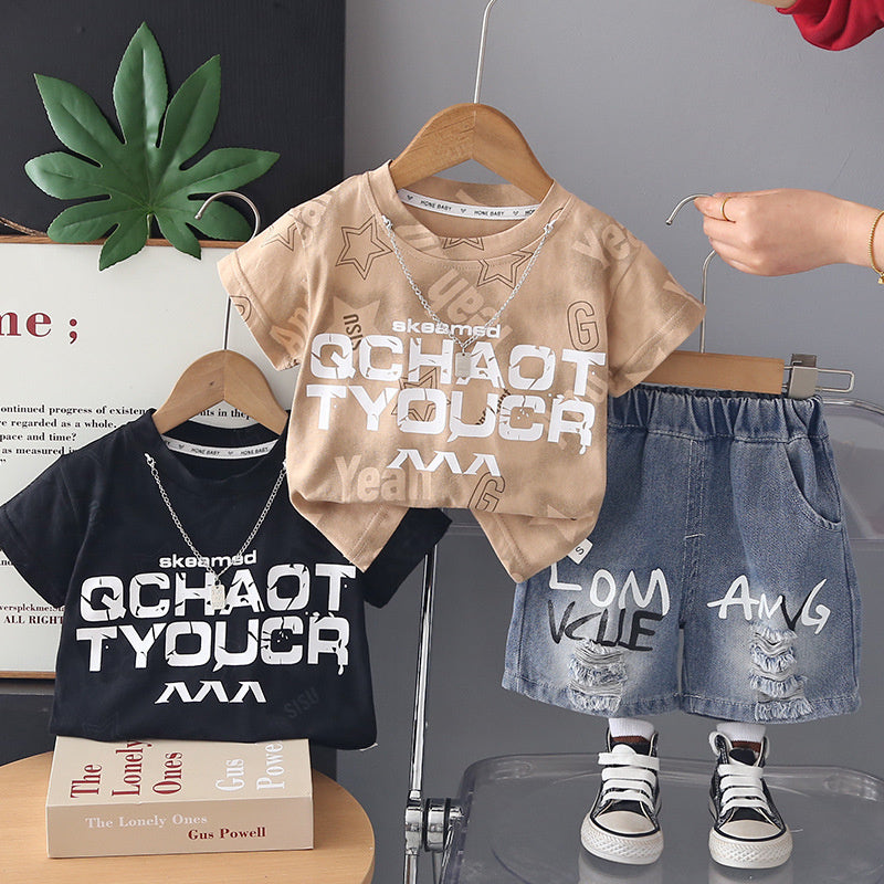 Boys' Short-Sleeve Two-Piece Set 2026 New Fashionable Baby Summer Outfit Casual Letter Print Clothes Trendy Stylish Suit